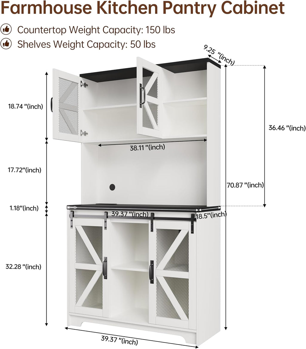 71" Tall Farmhouse Pantry Storage Cabinet With LED Lights and Charging Station, Adjustable Shelves, Sliding Doors, Kitchen Cupboard, White