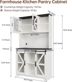 71" Tall Farmhouse Pantry Storage Cabinet With LED Lights and Charging Station, Adjustable Shelves, Sliding Doors, Kitchen Cupboard, White
