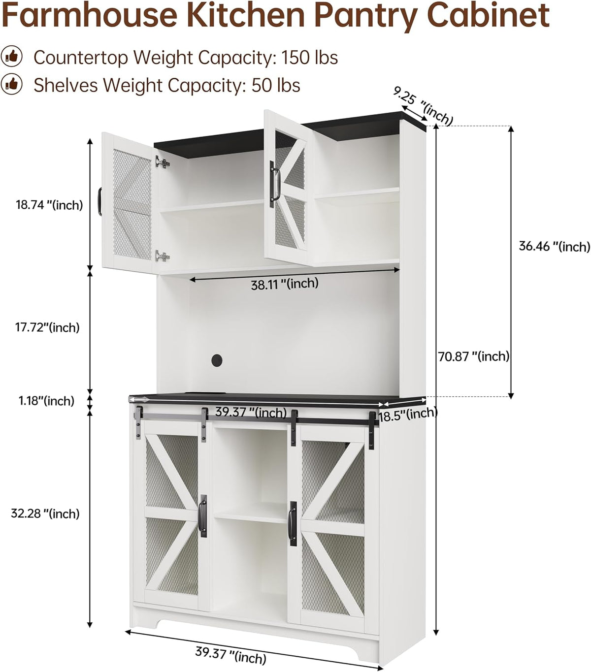 71" Tall Farmhouse Pantry Storage Cabinet With LED Lights and Charging Station, Adjustable Shelves, Sliding Doors, Kitchen Cupboard, White