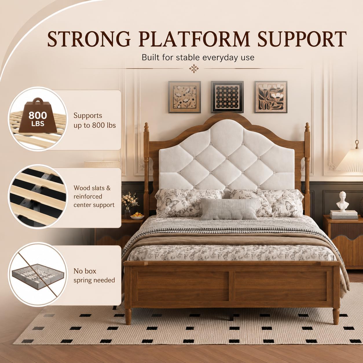 Queen Size Bed Frame with 51" Tall Wingback Headboard, Fabric Upholstered Wooden Platform Bed Frame, No Box Spring Needed, Solid Wood Legs