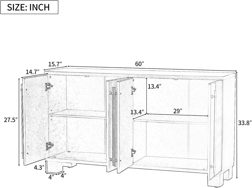 Modern Sideboard Cabinet 60-Inch Wood Console Storage Cabinet Credenza Dining Buffet Table with 4 Doors and Adjustable Shelves for Living Room Entryway, Navy Blue