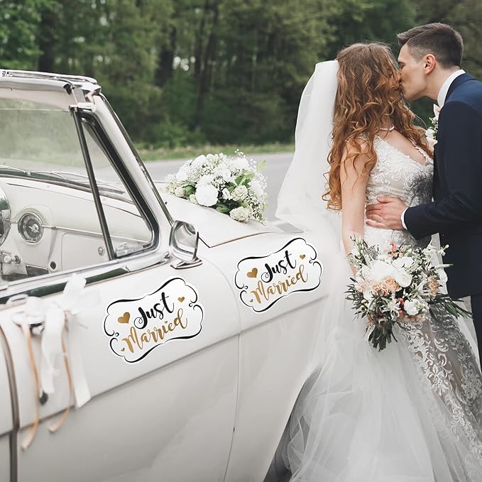 Tallew 4 Sets Just Married Car Decorations Ornate Magnets 12 x 7.5, Wedding Day Car Window Decals 5.1 x 22.4, Just Married Sign Banner Decorations for Honeymoon Wedding