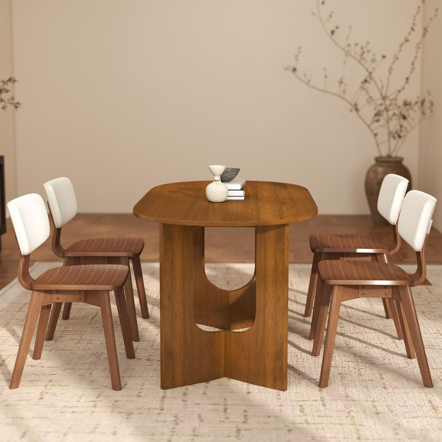 VESCASA 63" L Walnut Wood Oval Dining Table for 6, Solid Wood Kitchen Table with Wooden Legs for Dining Room, Restaurant