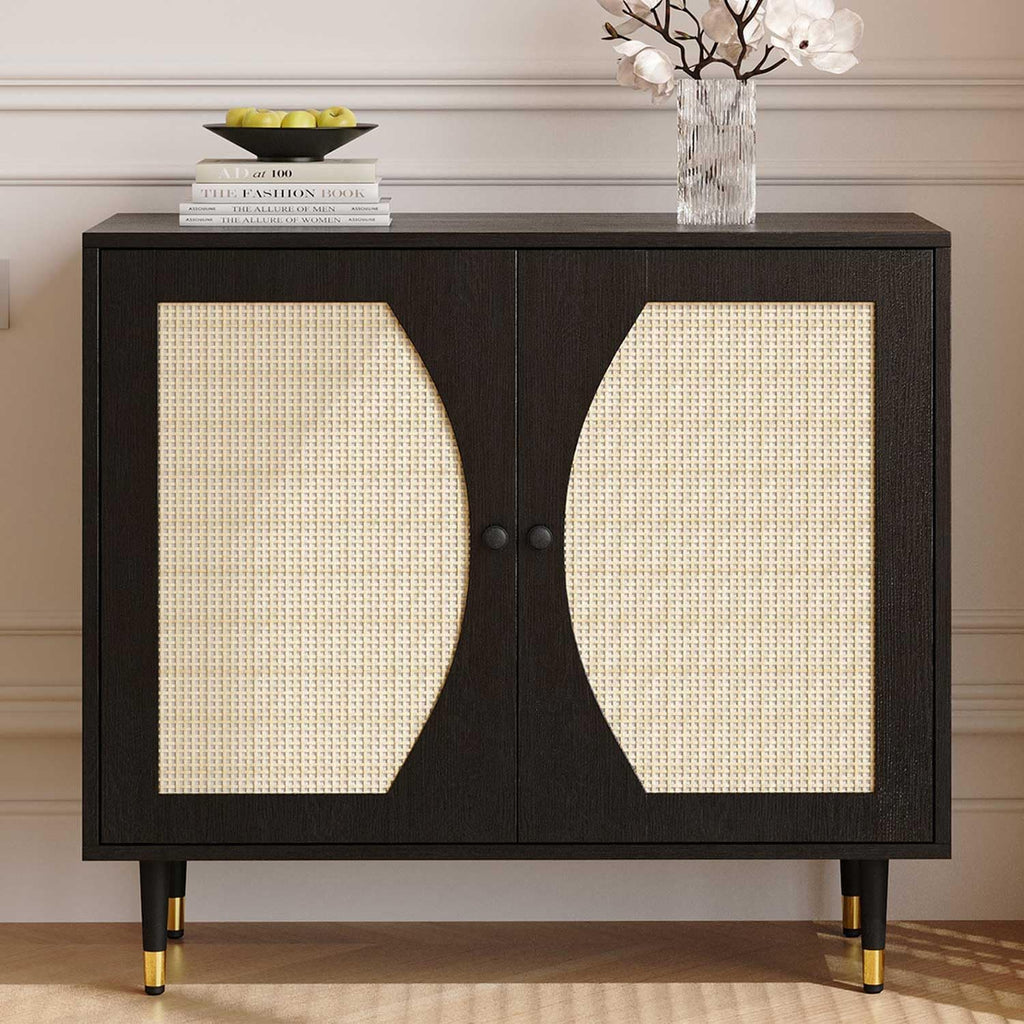 4ever2buy Rattan Buffet Cabinet with Storage, Black Sideboard Cabinet with Rattan Decor Doors, Buffet Table with Storage, Black Console Table with Adjustable Shelves, Living Room Cabinets