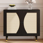 4ever2buy Rattan Buffet Cabinet with Storage, Black Sideboard Cabinet with Rattan Decor Doors, Buffet Table with Storage, Black Console Table with Adjustable Shelves, Living Room Cabinets