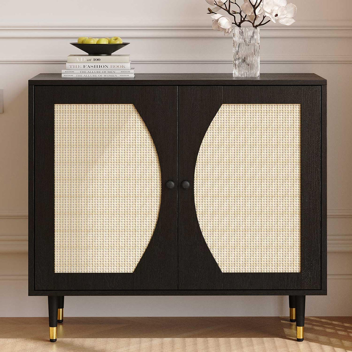 4ever2buy Rattan Buffet Cabinet with Storage, Black Sideboard Cabinet with Rattan Decor Doors, Buffet Table with Storage, Black Console Table with Adjustable Shelves, Living Room Cabinets