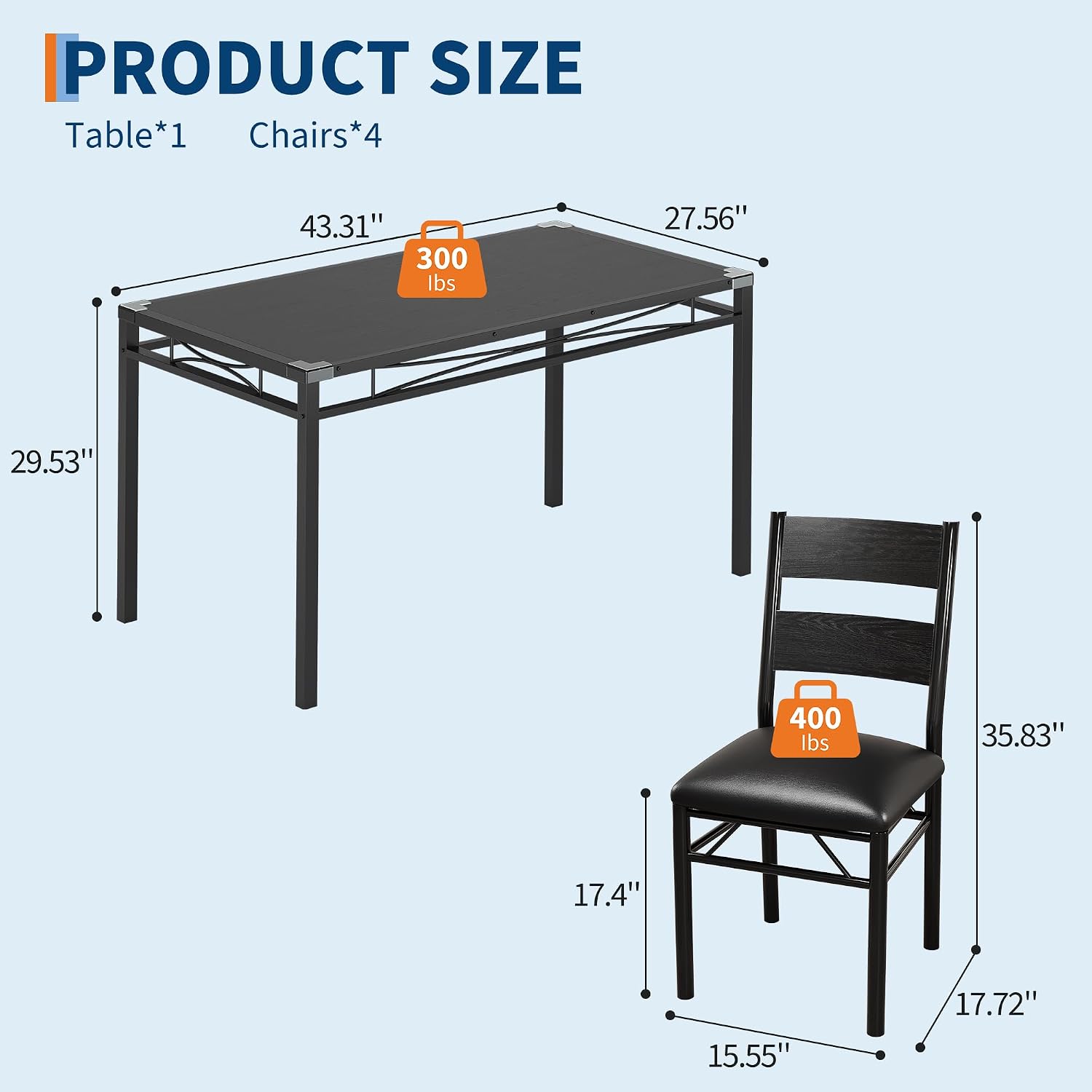IDEALHOUSE Wood Dining Table Set for 4 with Corner Protector, Kitchen Table Chairs Set of 4 with Upholstered Chairs, Dining Room Table Set for 4, for Dining Room, Apartment,Retro Black