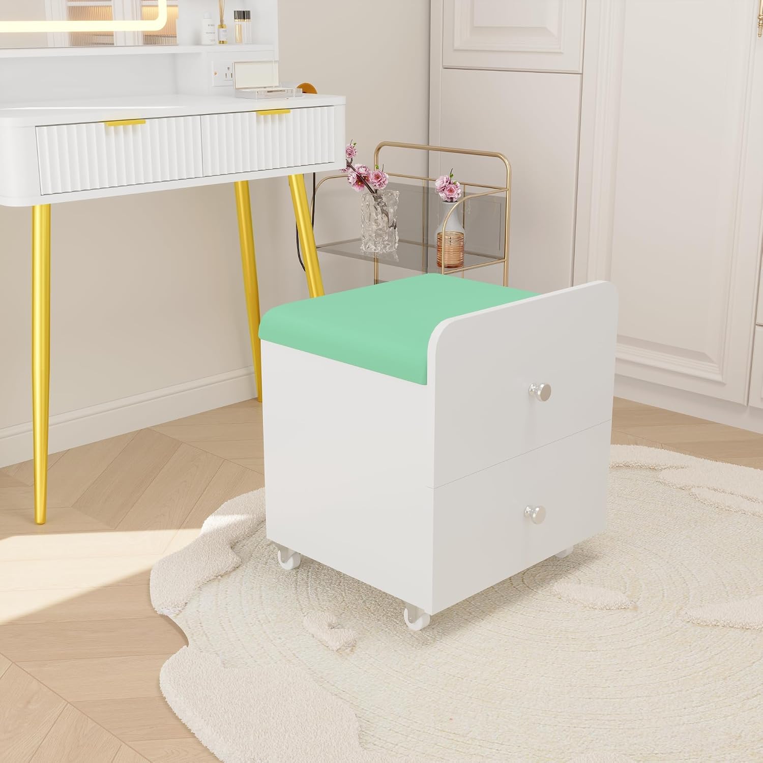 Garvee Vanity Stool Chair with Storage, 17.32" l x 15.16" w x 17.32" h PU Ottoman with Lockable Wheels & Storage Drawer, Modern Multifunctional Chairs for Makeup