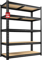 REIBII 2400LBS Storage Shelves 5 Tier Garage Shelving Heavy Duty Adjustable Garage Shelves, Utility Rack Shelf, Shelving Units for Warehouse Pantry Closet, Commercial, 35.5" W x 11.9" D x 72" H, Black