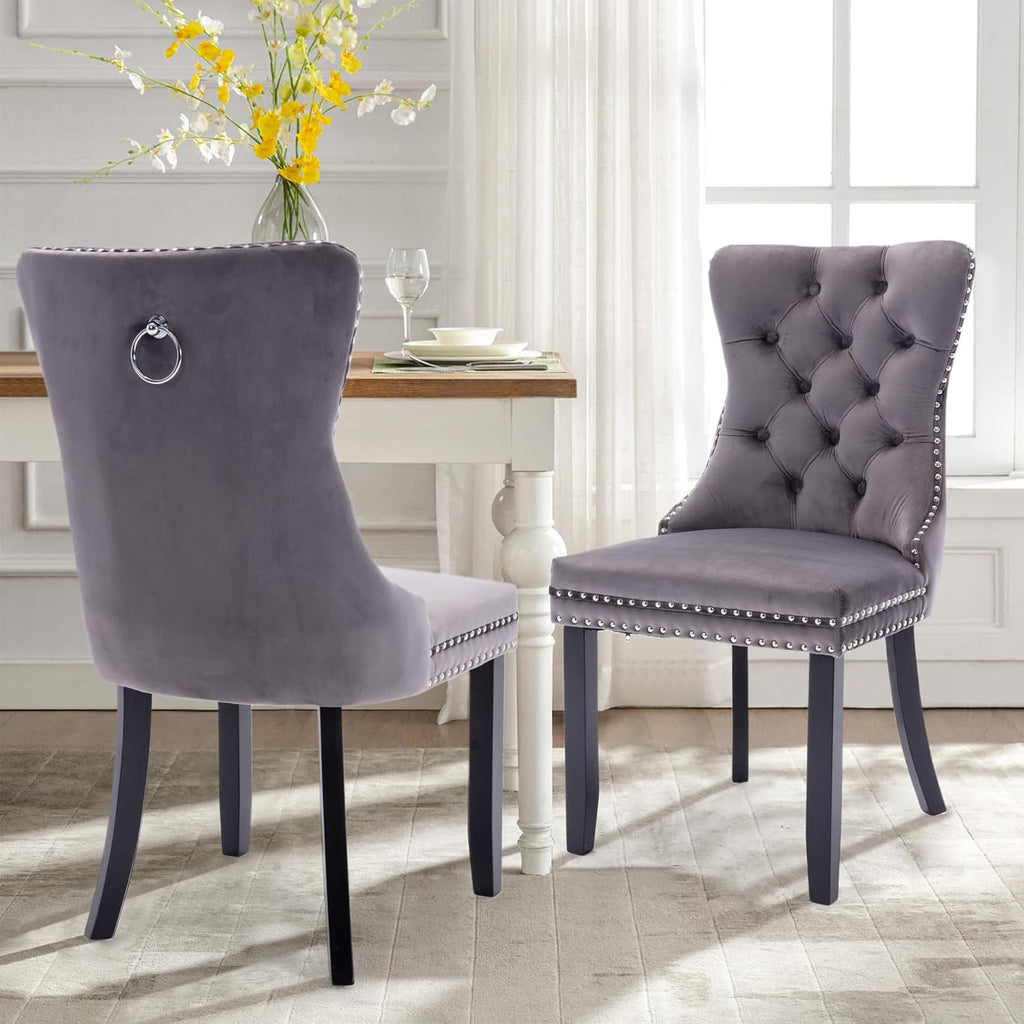 Velvet Dining Chairs Set of 2,Upholstered Dining Room Chairs with Ring Pull Trim&Solid Wood Legs,Farmhouse Tufted Kitchen Chairs with Nailhead,Grey