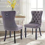 Velvet Dining Chairs Set of 2,Upholstered Dining Room Chairs with Ring Pull Trim&Solid Wood Legs,Farmhouse Tufted Kitchen Chairs with Nailhead,Grey