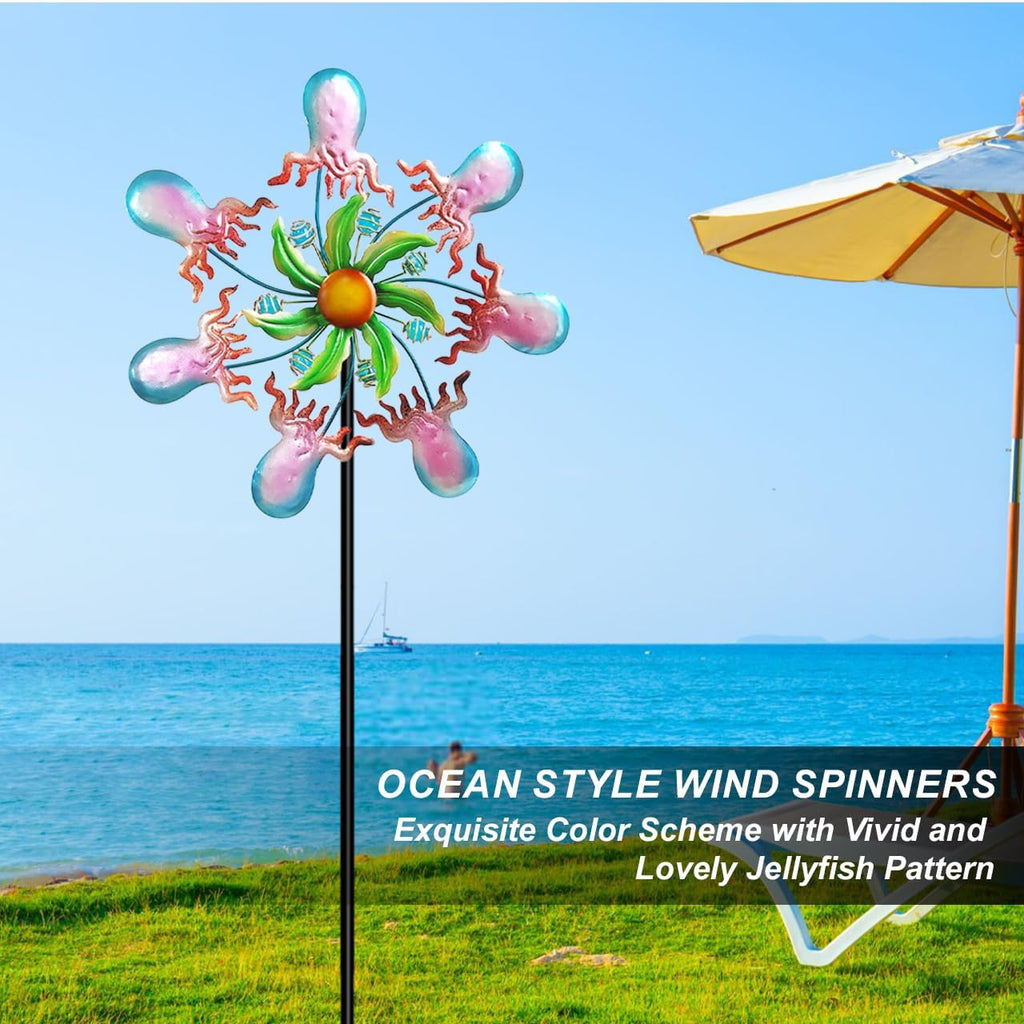 Jellyfish Wind Spinners - 39" Ocean-Themed Metal Wind Sculptures Garden Stake Art, 13.5” Windmill Yard Kinetic, Outdoor Decor for Patio & Lawn - Metal Beach Sculpture with Jellyfish Design