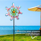 Jellyfish Wind Spinners - 39" Ocean-Themed Metal Wind Sculptures Garden Stake Art, 13.5” Windmill Yard Kinetic, Outdoor Decor for Patio & Lawn - Metal Beach Sculpture with Jellyfish Design