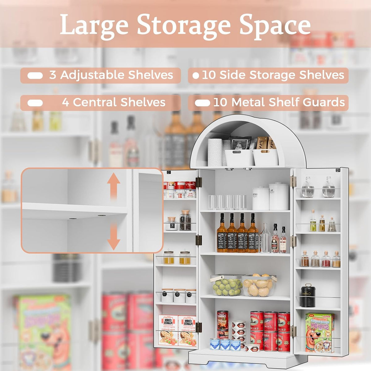 65" H Arched Kitchen Pantry, Modern Cupboard Storage Cabinet with 10 Side Storage Shelves & 3 Adjustable Shelves, Farmhouse Food Pantry Case for Living Room, Dining Room, White