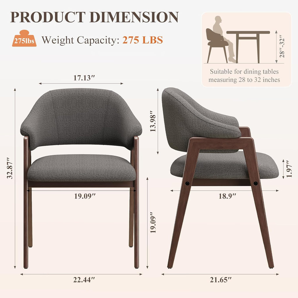 MALOL Wooden Dining Chairs Set of 2, Modern Fabric Upholstered Dining Room Chair, Kitchen Side Chairs, Farmhouse Dinner Chair with Curved Open Back for Kitchen, Grey
