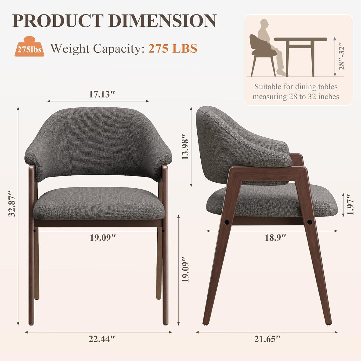 MALOL Wooden Dining Chairs Set of 2, Modern Fabric Upholstered Dining Room Chair, Kitchen Side Chairs, Farmhouse Dinner Chair with Curved Open Back for Kitchen, Grey