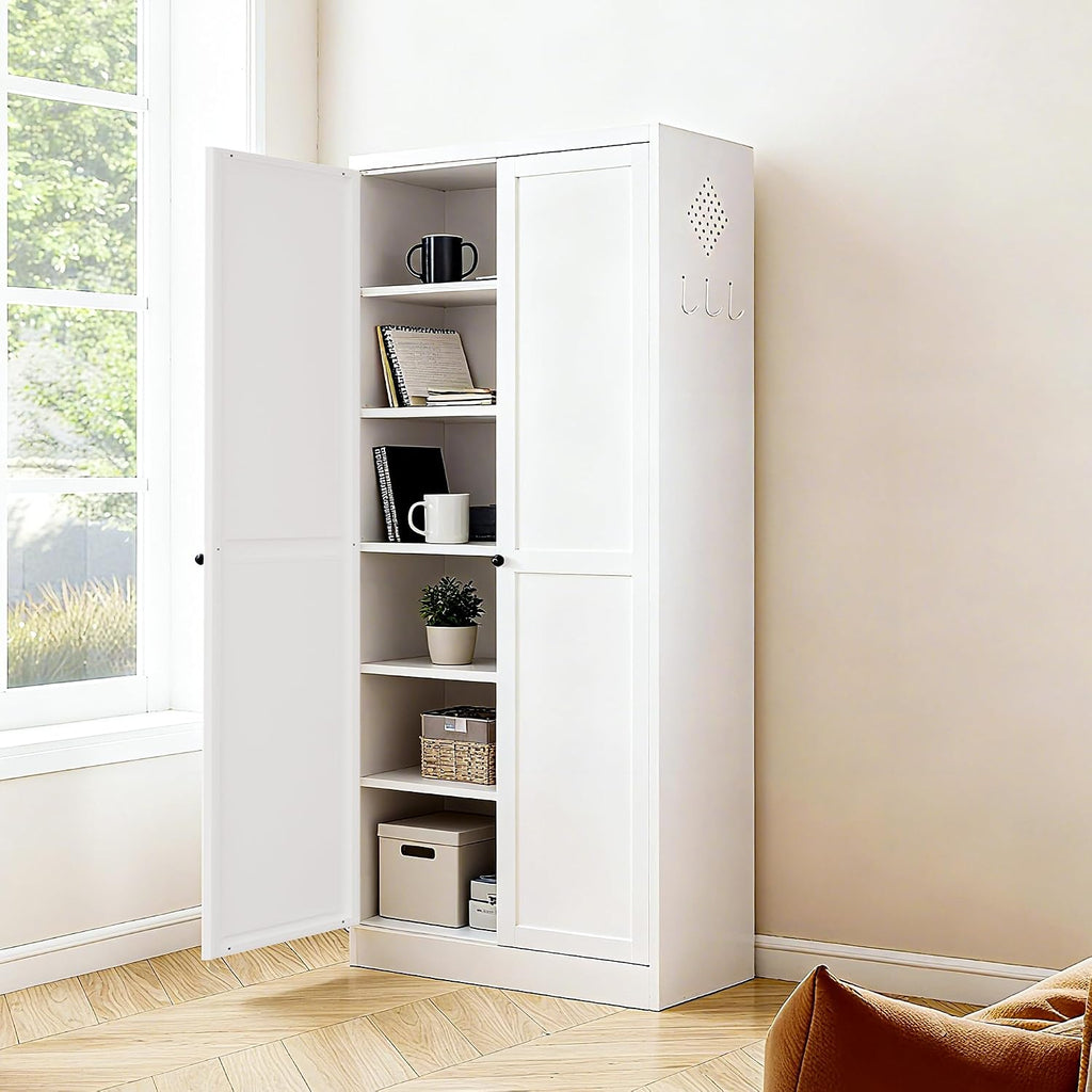 AQY Metal Pantry Cabinet with Doors & Shelves, 61” Tall White Kitchen Storage Cabinet, Freestanding Pantry Organizer for Kitchen, Living Room, Garage, Adjustable Shelves, Heavy-Duty Steel Storage Cabi