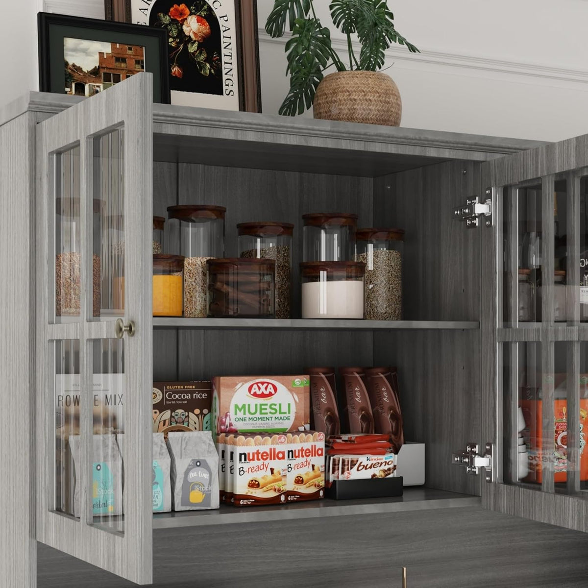 Kitchen Pantry Cabinet with Glass Doors and 3 Drawers, Tall Freestanding Storage Cabinet with Open Countertop, Fluted Doors, Living Room, Grey 59.1”W x 17.7”D x 74.8”H
