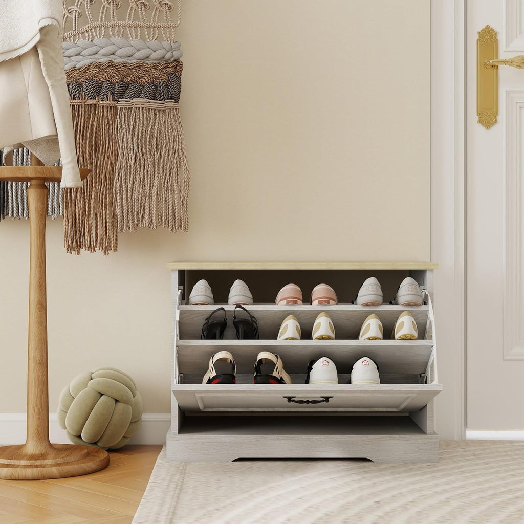 Antique Shoe Storage Bench Small Shoe Cabinet for Entryway, Hallway, Bedroom, with Flip Drawer & Adjustable Shelf, with Ventilation, MDF Wood, White, 23.6" L x 11.8" W x 17.7" H