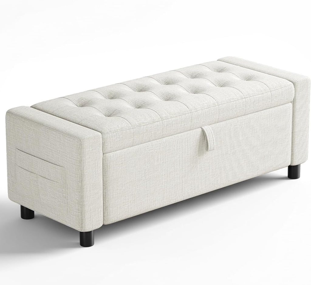 Amada 46" Storage Ottoman Bench with Safety Hinge, Hidden Compartment & Side Pocket - Upholstered End of Bed/Entryway Bench for Bedroom & Living Room, 400 lbs Weight Capacity, Beige
