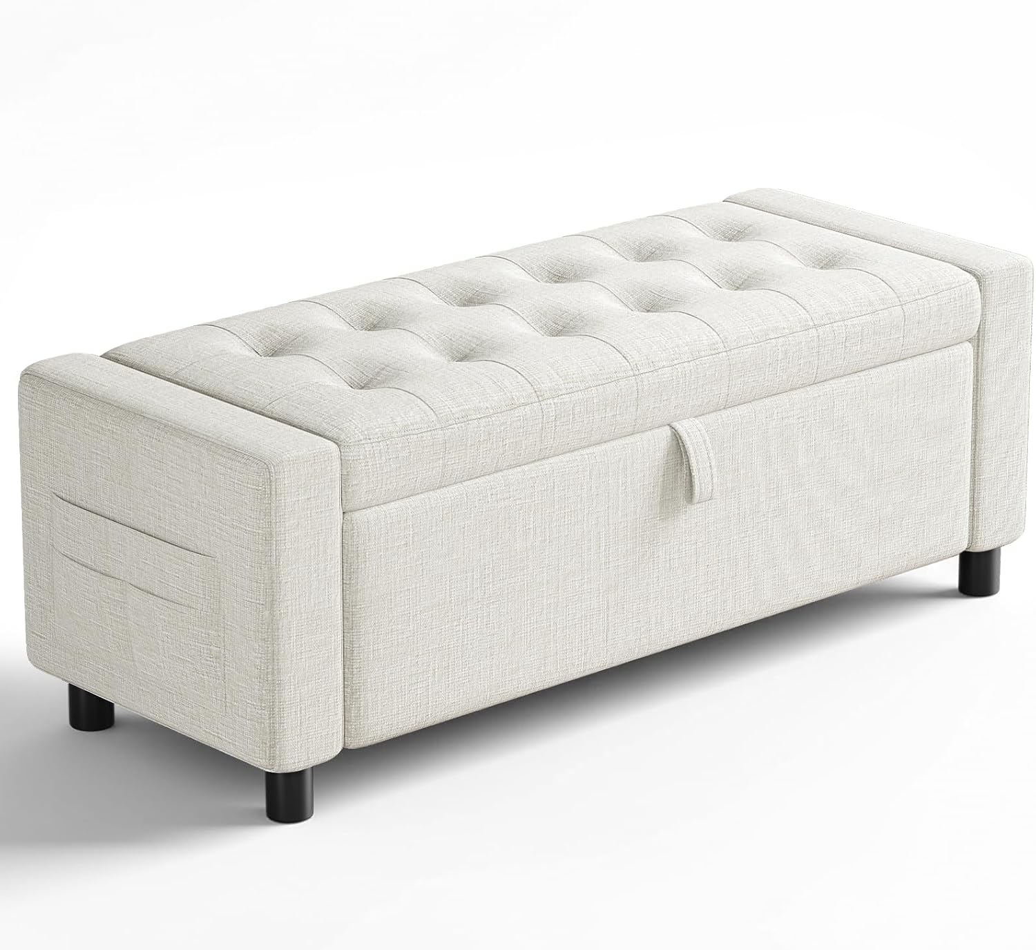 Amada 46" Storage Ottoman Bench with Safety Hinge, Hidden Compartment & Side Pocket - Upholstered End of Bed/Entryway Bench for Bedroom & Living Room, 400 lbs Weight Capacity, Beige