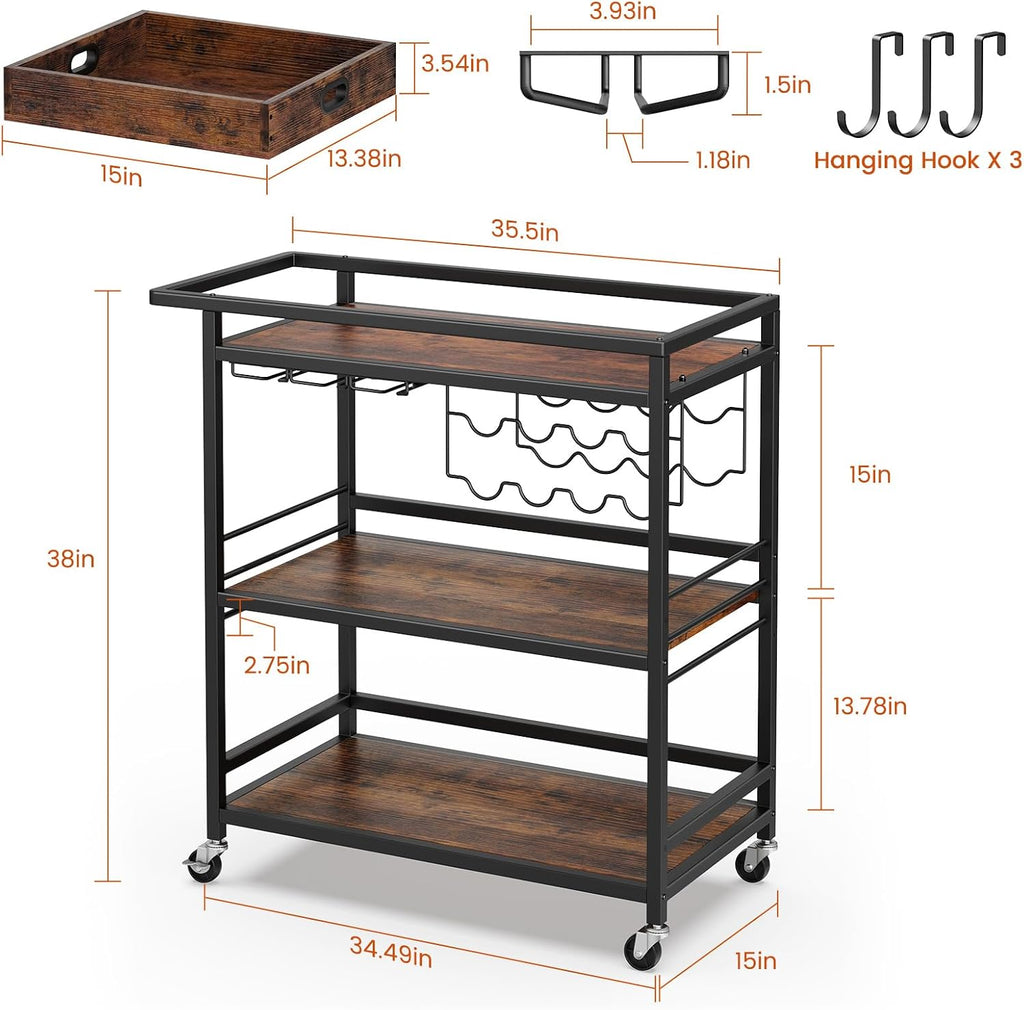 Leteuke Bar Cart for Home, 3 Tier Rolling Serving Carts with Wheels | Drink Cart, Liquor Stand with Removable Tray, Wine Rack and Glass Holder for Kitchen, Outdoor, Dining Room-Black Brown