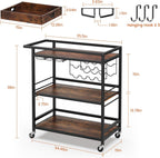 Leteuke Bar Cart for Home, 3 Tier Rolling Serving Carts with Wheels | Drink Cart, Liquor Stand with Removable Tray, Wine Rack and Glass Holder for Kitchen, Outdoor, Dining Room-Black Brown