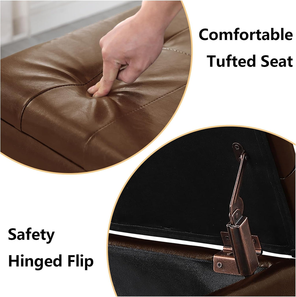PU Leather Storage Ottomans Set of 3, Tufted Upholstered, Brown | 38 inch Seating Bench, Safety Hinges, No Tools Assembly, Large Store Capacity, Study Wood Frame, Extra Foot Stools
