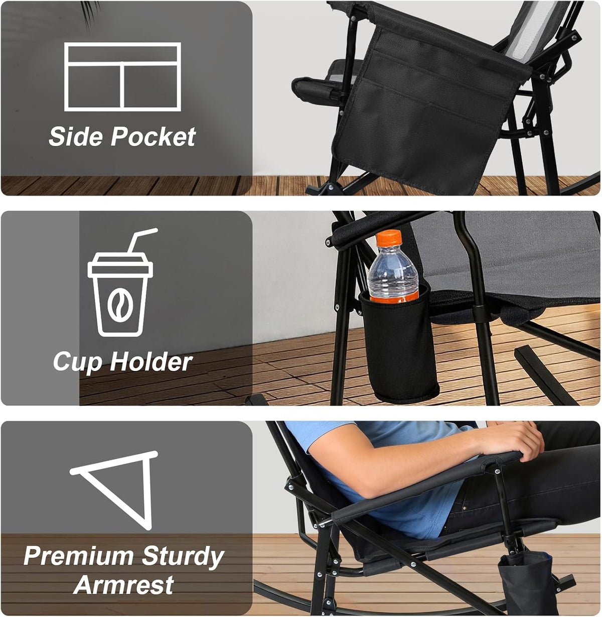 Romswi 2 Pack Rocking Camping Chair for Adult 400LBS Capacity, Heavy Duty Folding Rocking Chairs, Portable Outdoor Rocker with High Back & Hard Armrests for Camping, Beach, Patio, Backyard, Mesh Black