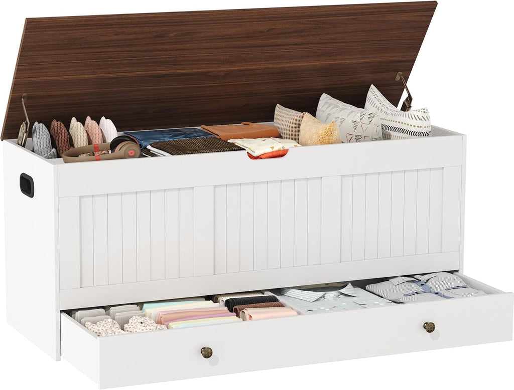 HOMEFORT 44.3" Storage Chest with 2 Drawers, Retro Wooden Storage Trunk with 2 Safety Hinges,Large Shoe Bench with Storage for Entryway, Storage Bench for Bedroom, Living Room, White and Brown