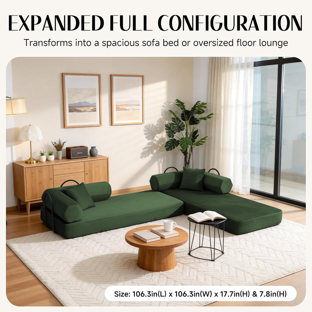 79" Corduroy Sofa Bed, Couch in a Box with 2 Pillows, High-Density Foam 4-in-1 Foldable Sleeper Futon Loveseat for Small Spaces, No Assembly, Side Pockets, Hex Arm Hunter Green