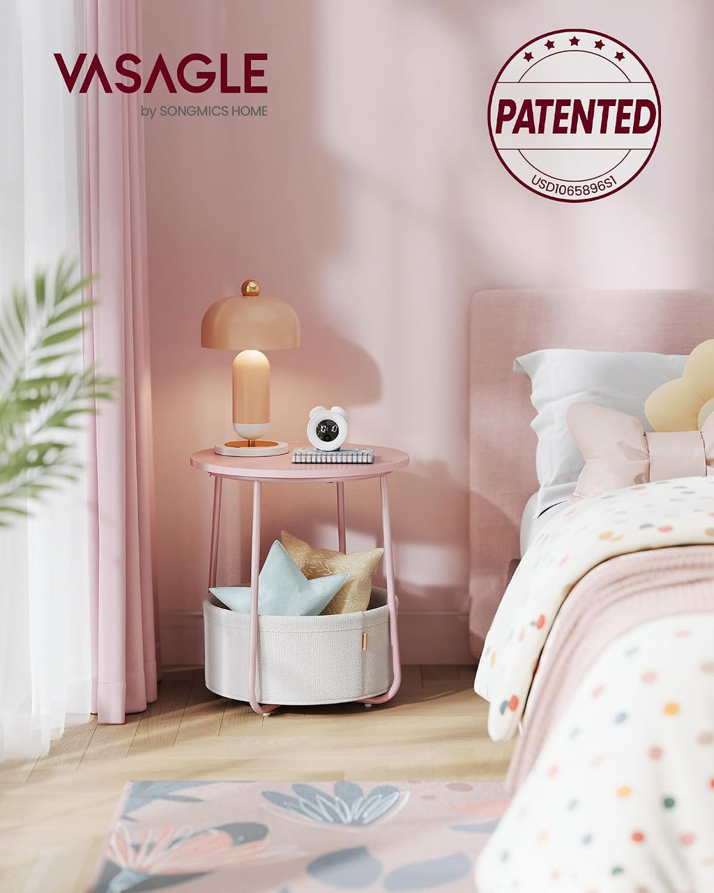 VASAGLE Nightstands, Set of 2 Small Round Side Tables with Fabric Basket, Bedside End Tables, for Bedroom, Jelly Pink and Cream White ULCT668R01