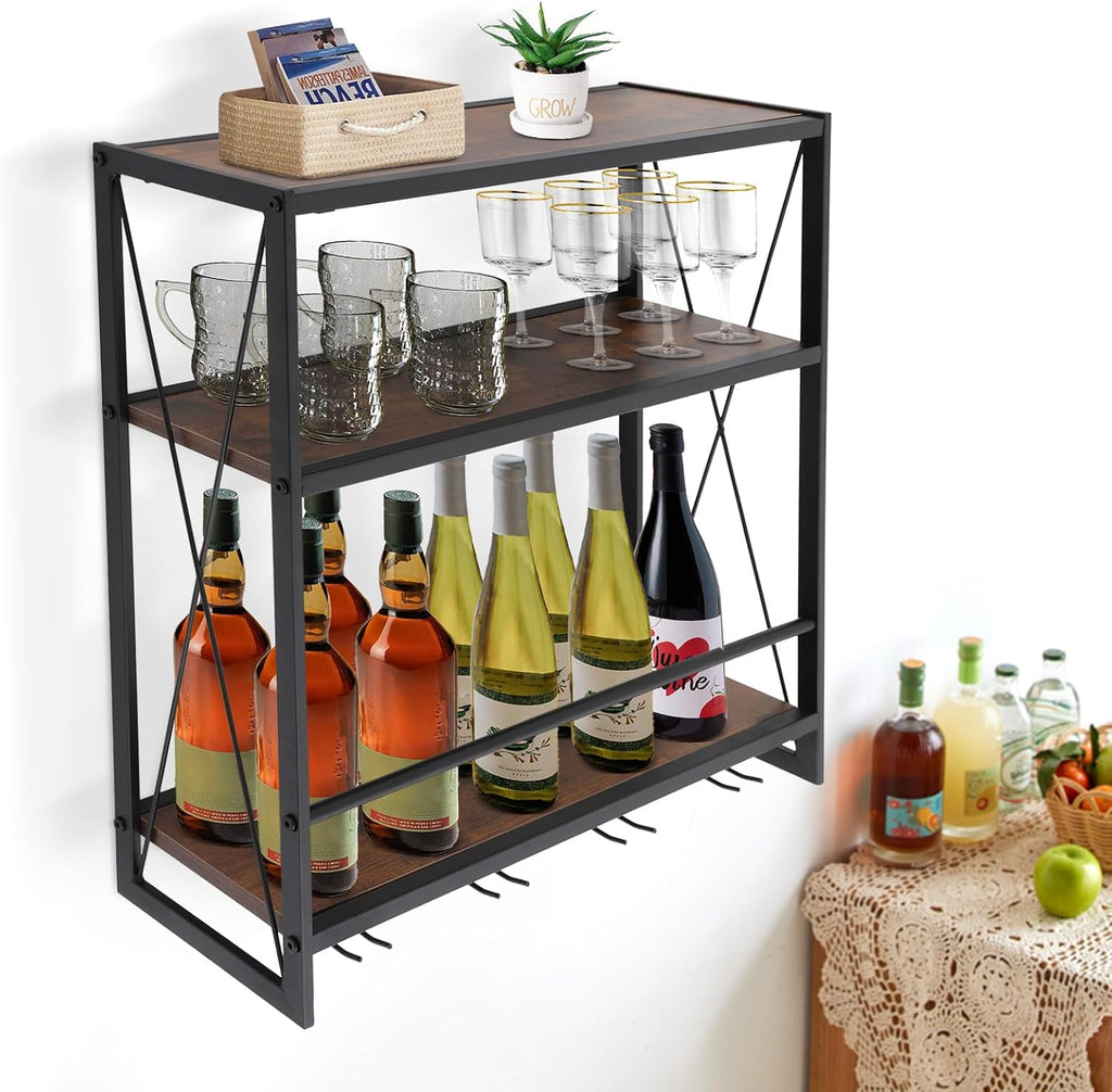Gdrasuya10 Wall Mounted Wine Rack with Glass Holder Storage, Wine Bottle Display Wine Rack Shelf Stemware Rack Metal Wine Storage Rack Hanging Wine Shelf for Home Decor