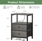 BOLUO Gray Nightstand with Charging Station, LED Night Stand with 2 Fabric Drawers, Bedside Table with USB Ports and Outlets, Nightstand for Bedroom Modern