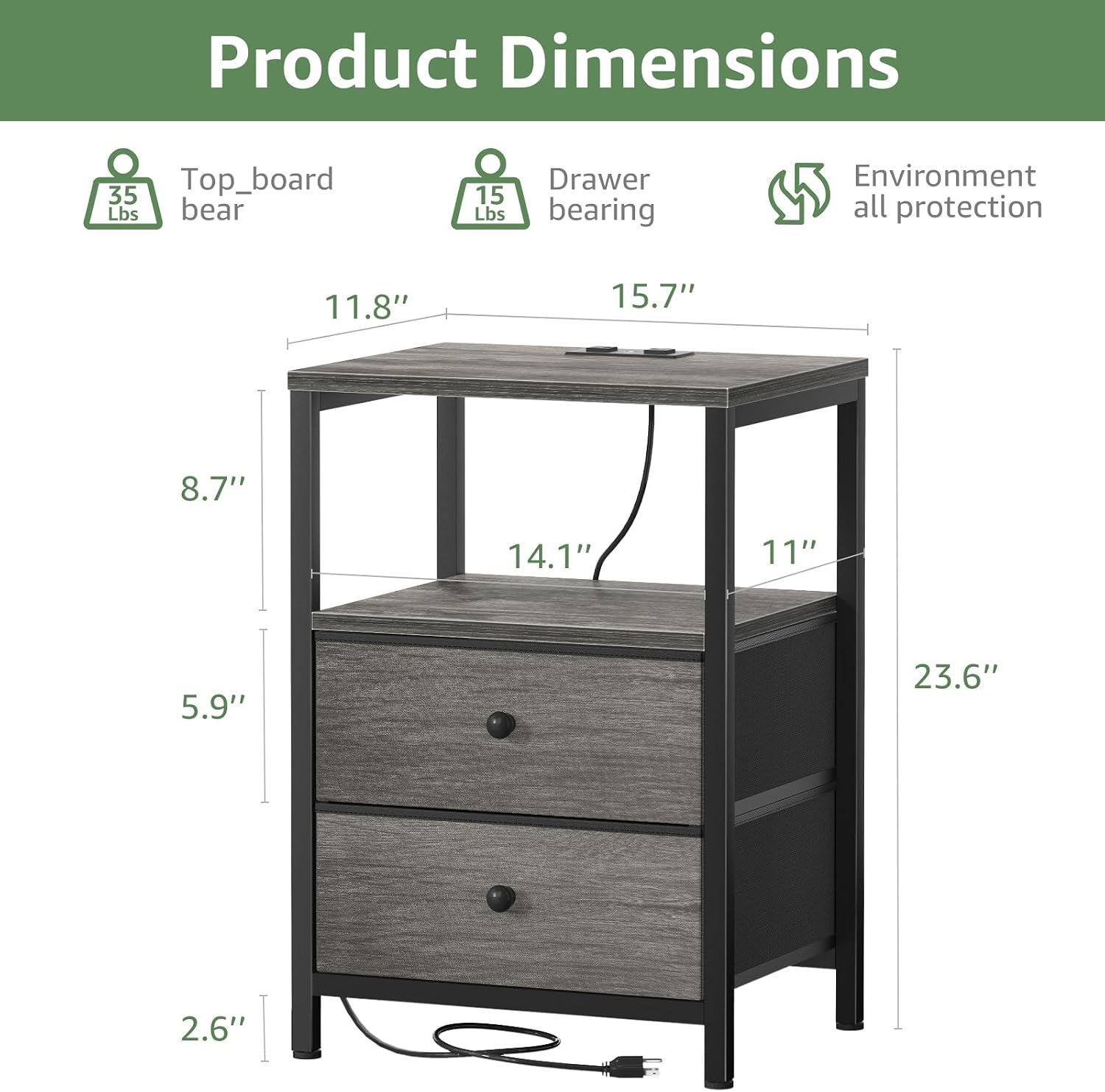 BOLUO Gray Nightstand with Charging Station, LED Night Stand with 2 Fabric Drawers, Bedside Table with USB Ports and Outlets, Nightstand for Bedroom Modern