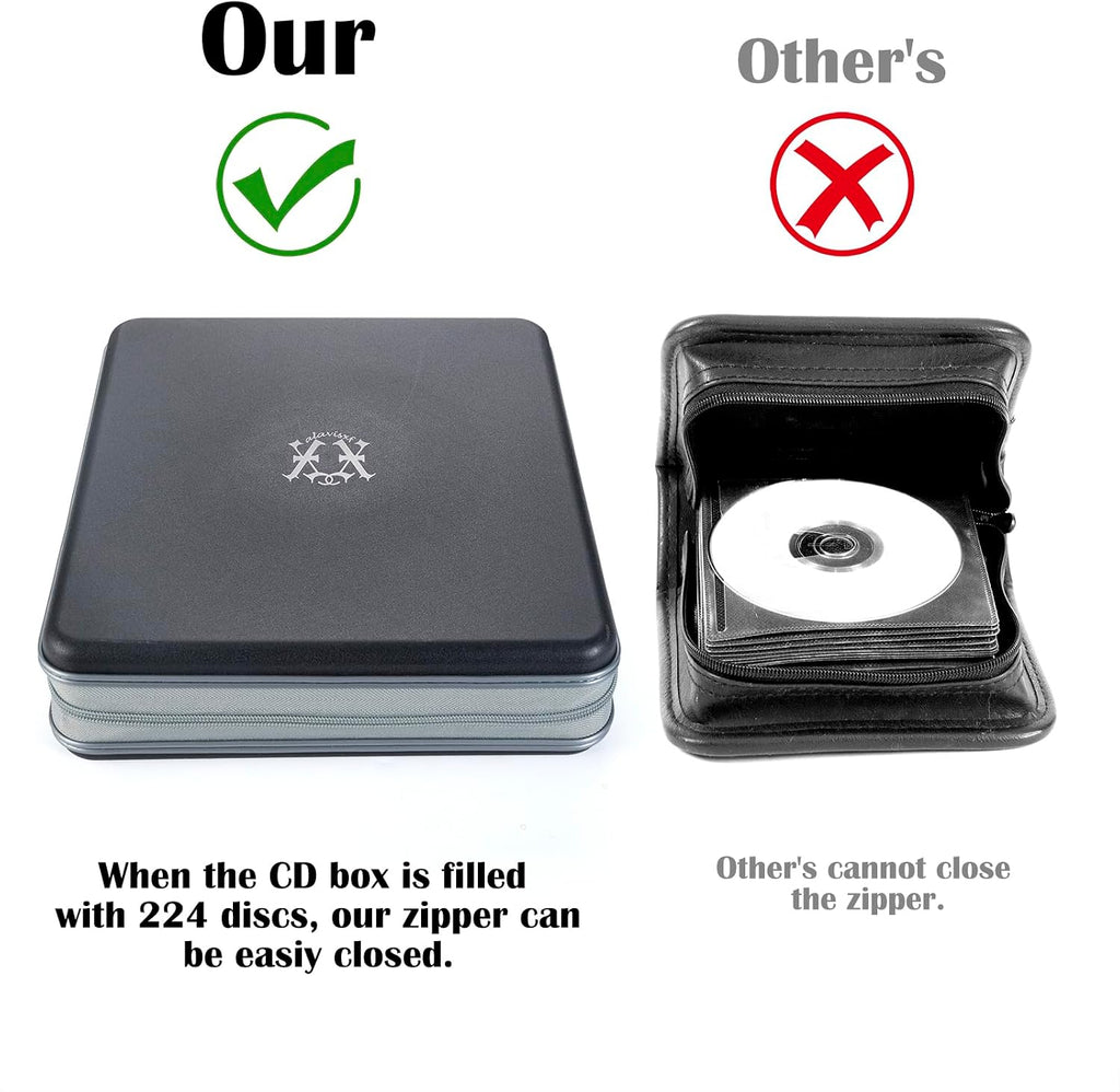 alavisxf xx CD Case, 224 Capacity Hard Plastic Organizer Holder for Car | Double Zipper Closure, Portable Handle, Heavy Duty, Anti-Slip Scratch-Resistant, DVD Storage, for Home Office Travel