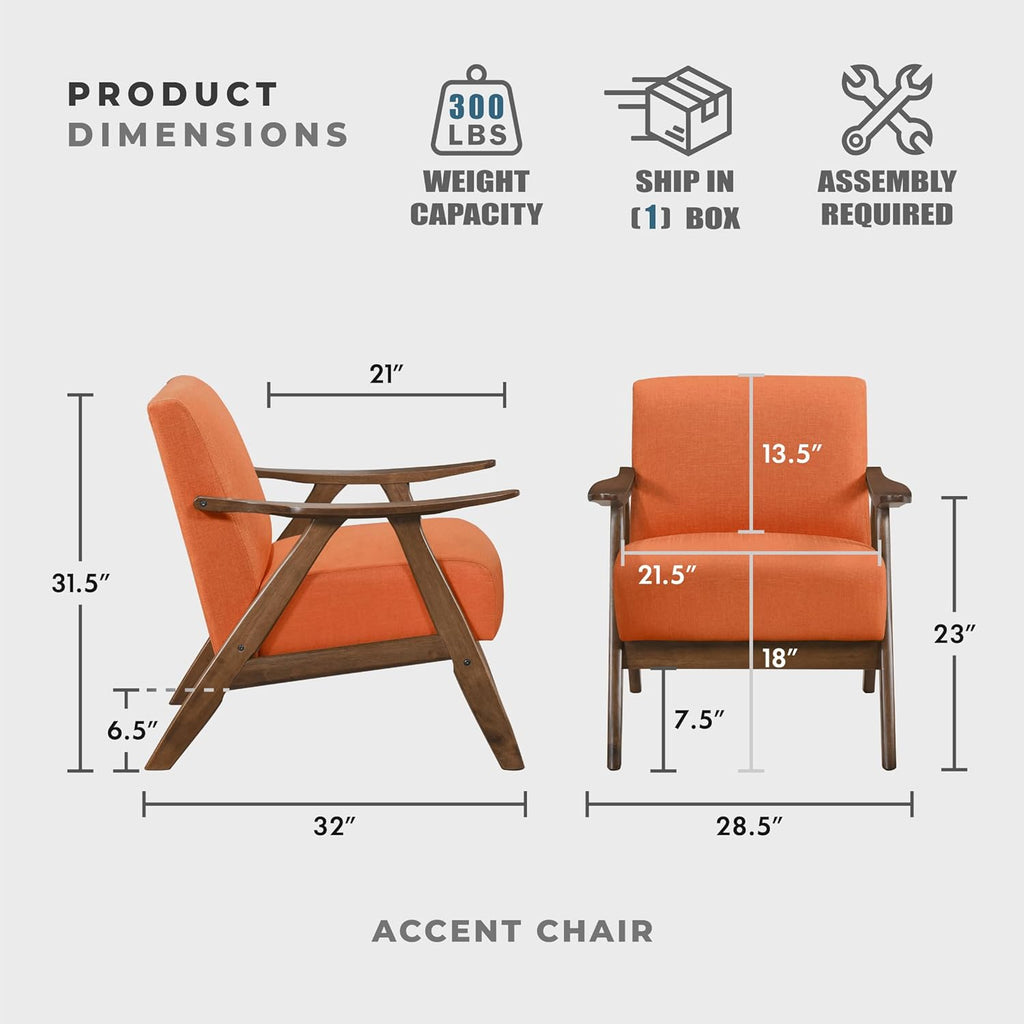 Lexicon Mid Century Modern Accent Chair with Solid Wood Frame in Walnut Finish, Upholstered Living Room Lounge Arm Chair, Thick and Comfy Innerspring Seat Cushion, Linen-Look Fabric, Orange