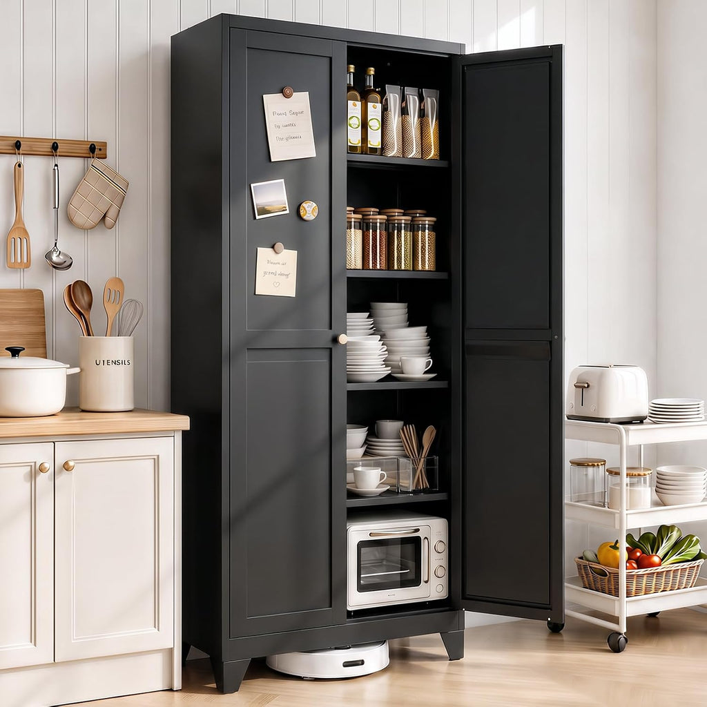 71" Metal Kitchen Pantry Cabinet with 4 Adjustable Shelves & Doors | Freestanding Metal Storage Cabinet with Adjustable Leveling Feet for Kitchen, Pantry & Dining Room, Black