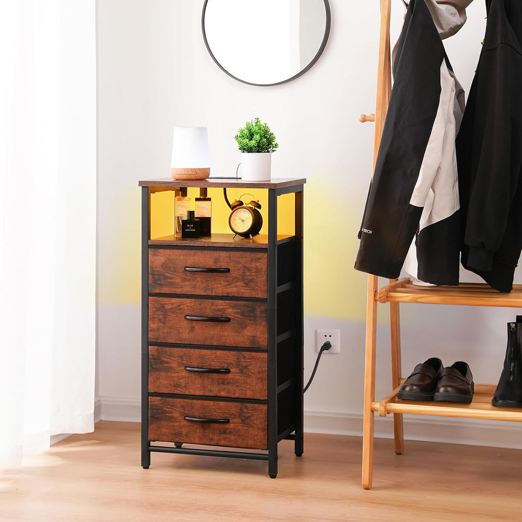 Yoobure Night Stand - LED Rustic Nightstand with Charging Station for Dorm | Bedside Table with 4 Storage Drawers and Storage Shelf, End Table with USB Ports and Outlets, Tall Nightstand for Bedroom