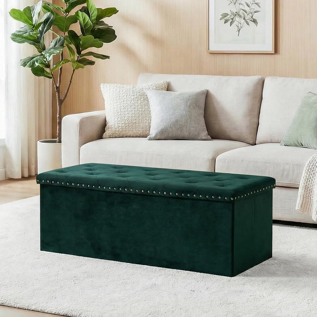 Storage Ottoman Bench, 43 Inches Folding Green Velvet Long Ottoman with Storage for Bedroom 43.7" L x 15.7" W x 15.7" H