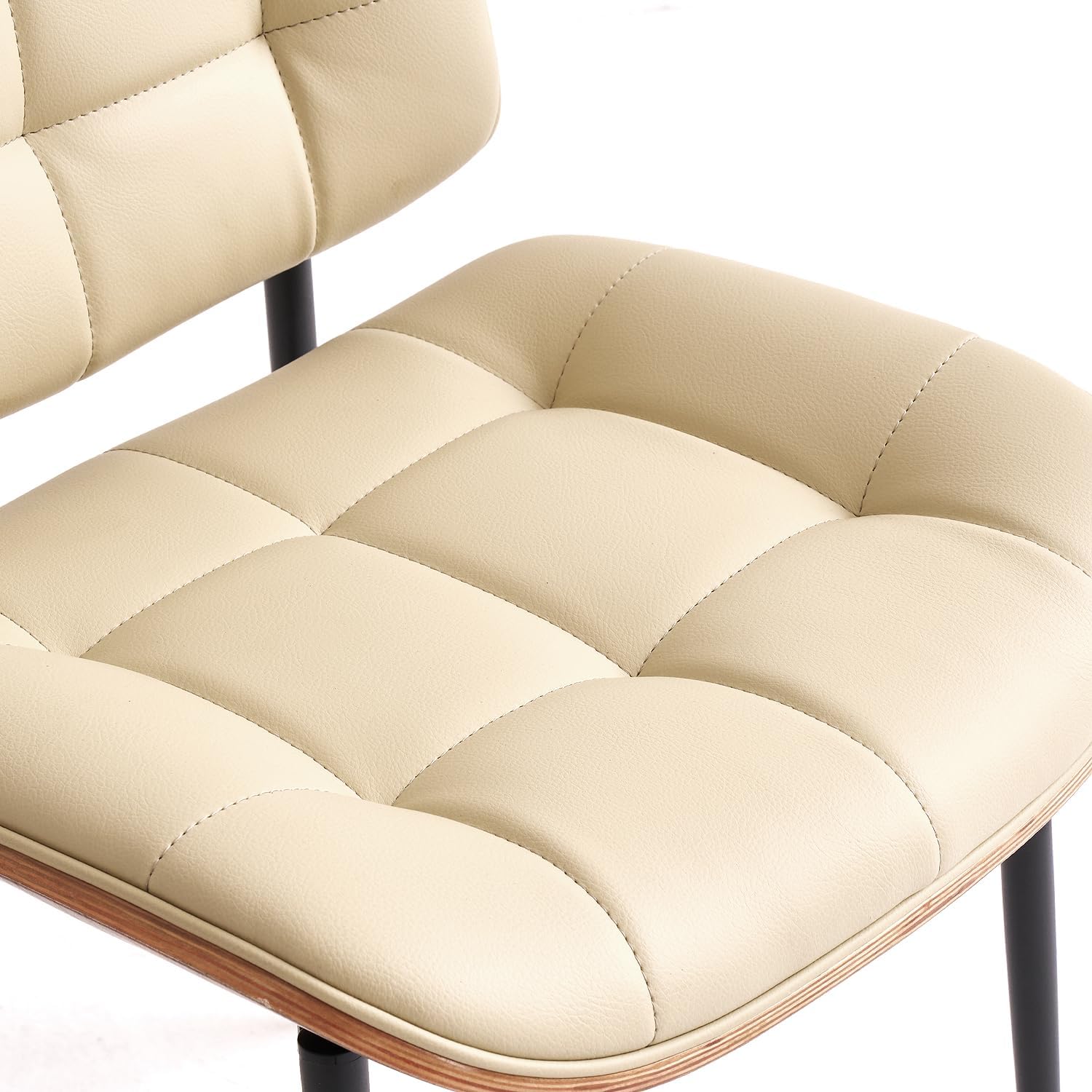 GrandNoor Mid Century Modern Dining Chairs with Walnut Grain Back, Beige Faux Leather Dining Room Chairs Set of 4, Checkered Soft Cushion Kitchen Chairs with Adjustable Foot Pads