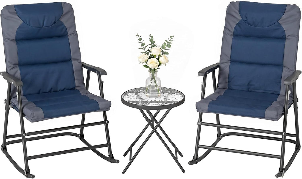 Outsunny 3 Piece Outdoor Patio Furniture Set with Glass Coffee Table & 2 Folding Padded Rocking Chairs, Bistro Style for Porch, Camping, Balcony, Navy Blue