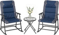 Outsunny 3 Piece Outdoor Patio Furniture Set with Glass Coffee Table & 2 Folding Padded Rocking Chairs, Bistro Style for Porch, Camping, Balcony, Navy Blue