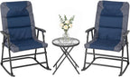 Outsunny 3 Piece Outdoor Patio Furniture Set with Glass Coffee Table & 2 Folding Padded Rocking Chairs, Bistro Style for Porch, Camping, Balcony, Navy Blue