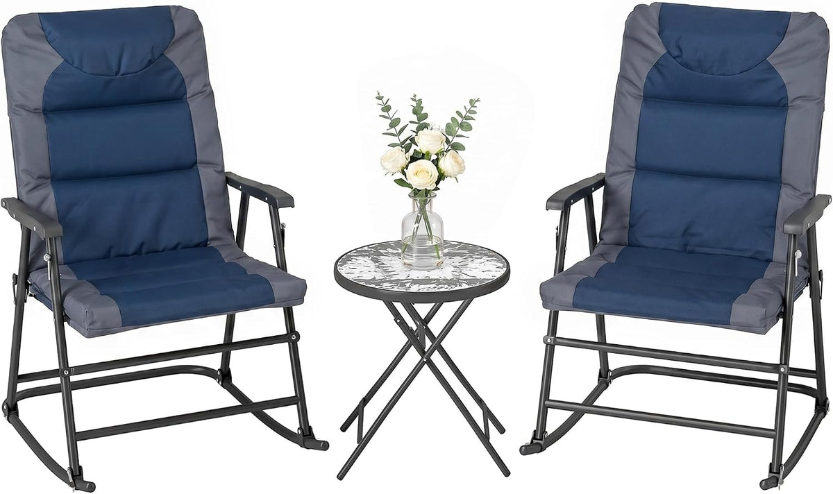 Outsunny 3 Piece Outdoor Patio Furniture Set with Glass Coffee Table & 2 Folding Padded Rocking Chairs, Bistro Style for Porch, Camping, Balcony, Navy Blue
