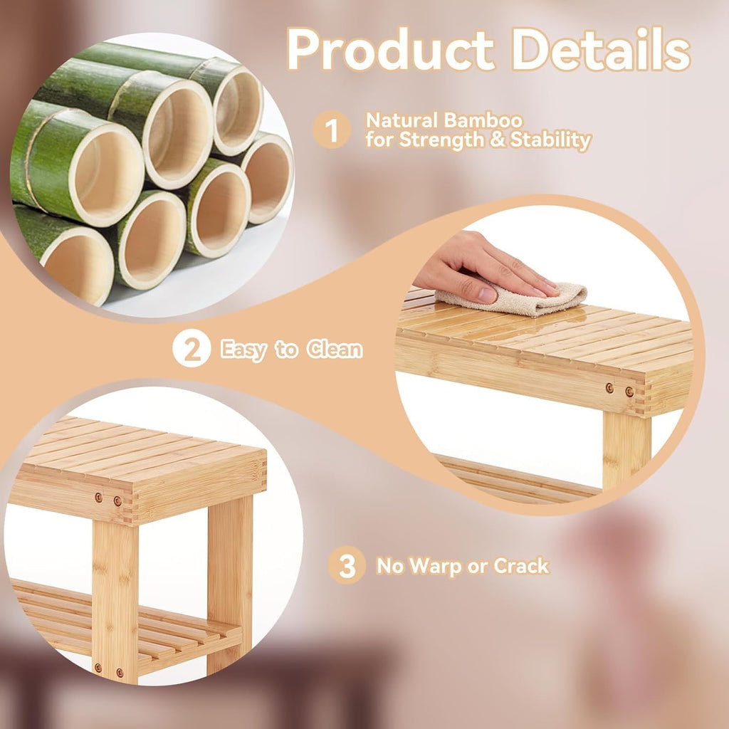 Simple Deluxe Shoe Rack Bench, 3-Tier Bamboo Storage Organizer, 286lb Capacity Entryway Bench for Front Door, Bedroom, Living Room, Bathroom, Balcony, Stylish Shoes Wood (11.3 x 35.4 x 17.8 Inches)