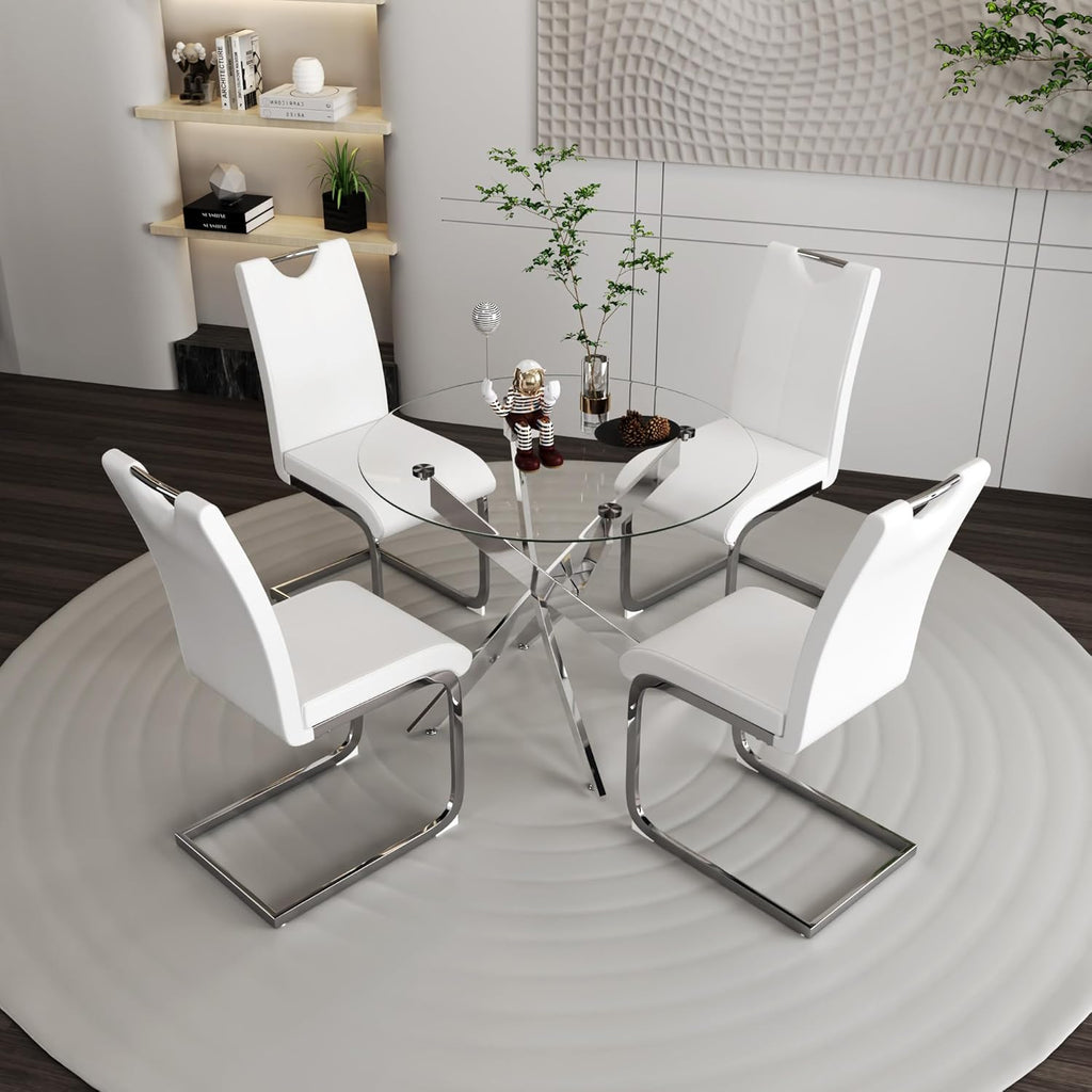 Off-White Dining Chairs Set of 4, Modern High Back with Faux Leather Padded Kitchen Chair for Dining Room, Kitchen (4, White with Silver Hoop Leg)