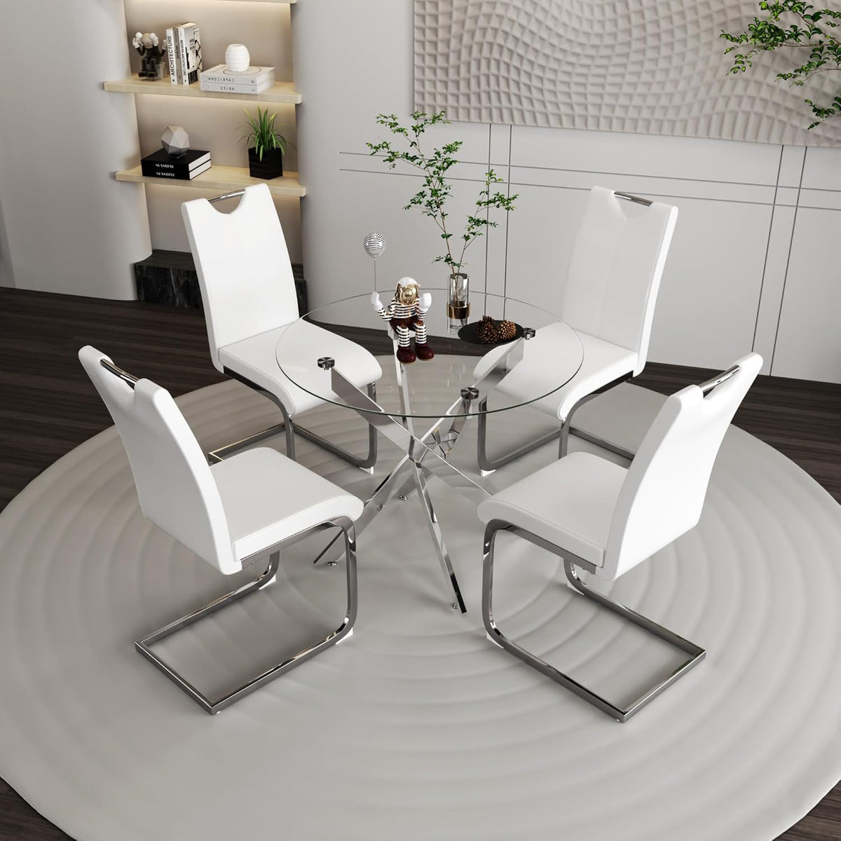Off-White Dining Chairs Set of 4, Modern High Back with Faux Leather Padded Kitchen Chair for Dining Room, Kitchen (4, White with Silver Hoop Leg)