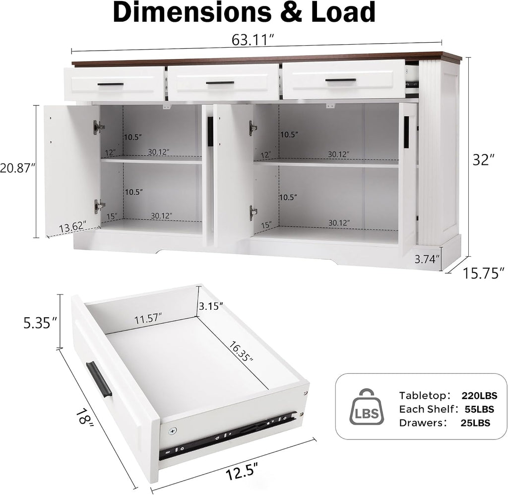 Modern Freestanding Storage Cabinet with Drawers Shelves and Countertop, Buffet Sideboard for Kitchen Living Room Entryway Office Coffee Bar (White-3 Drawer)