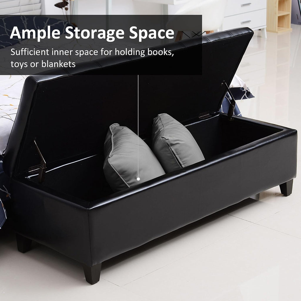 51inches Rectangular Tufted Faux Leather Storage Ottoman Black Modern Premium Comfortable Luxury Stylish Elegant Contemporary